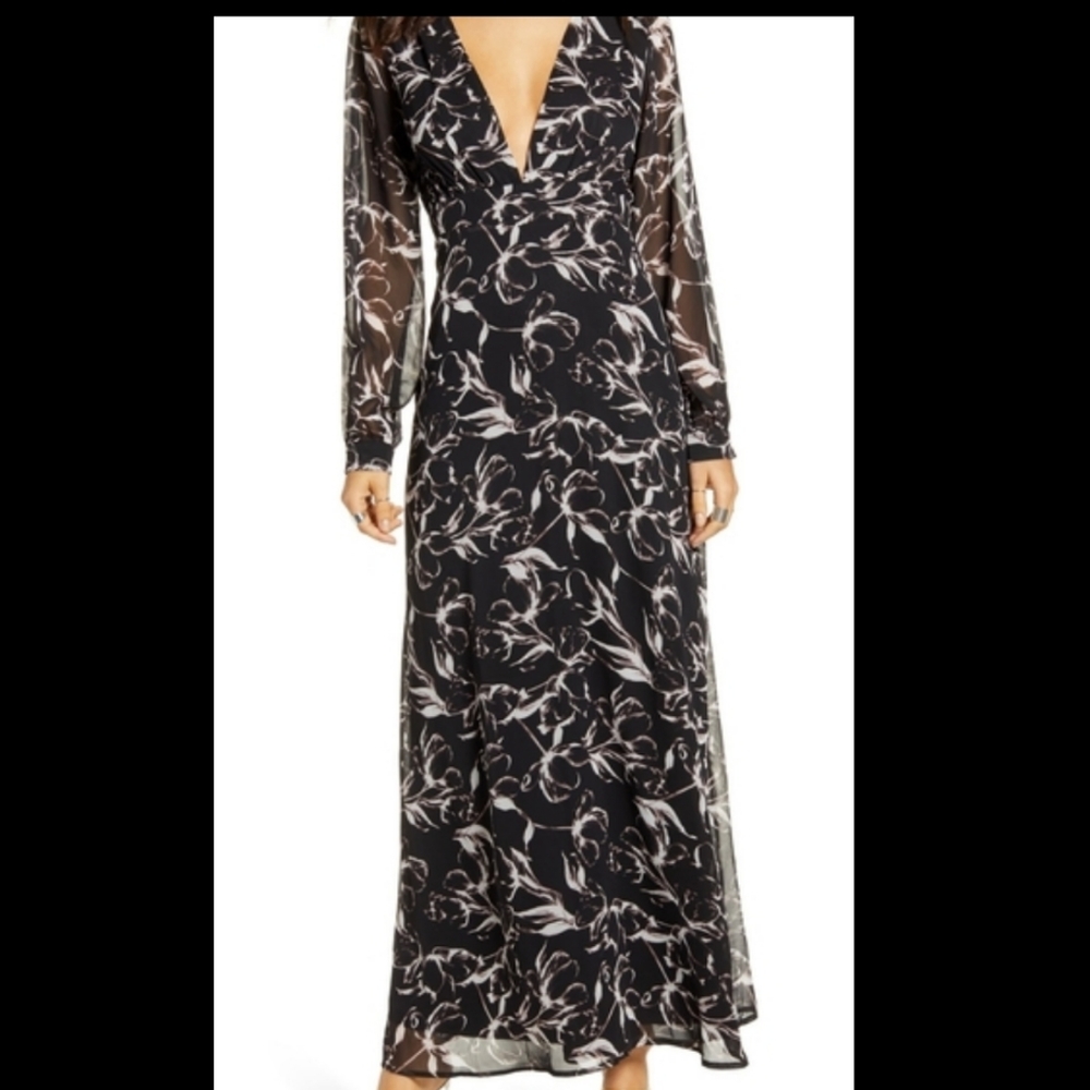 Leith Deep V-Neck Long Sleeve Maxi Dress Black Floral Abstracted Tulips Size XS
